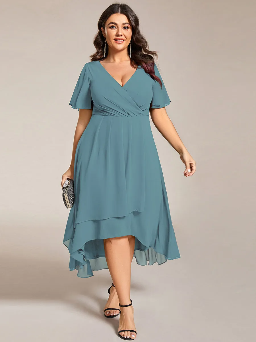 Grande Taille Robe Dinvit De Mariage Mi-Longue Plisse En Mousseline De Soie Manches Courtes Et Col En V De