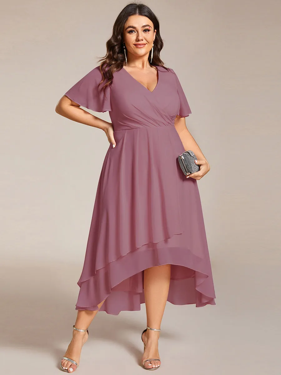 Grande Taille Robe Dinvit De Mariage Mi-Longue Plisse En Mousseline De Soie Manches Courtes Et Col En V De