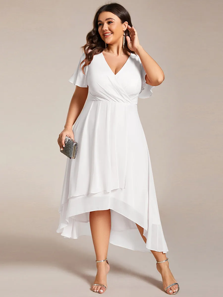 Grande Taille Robe Dinvit De Mariage Mi-Longue Plisse En Mousseline De Soie Manches Courtes Et Col En V De