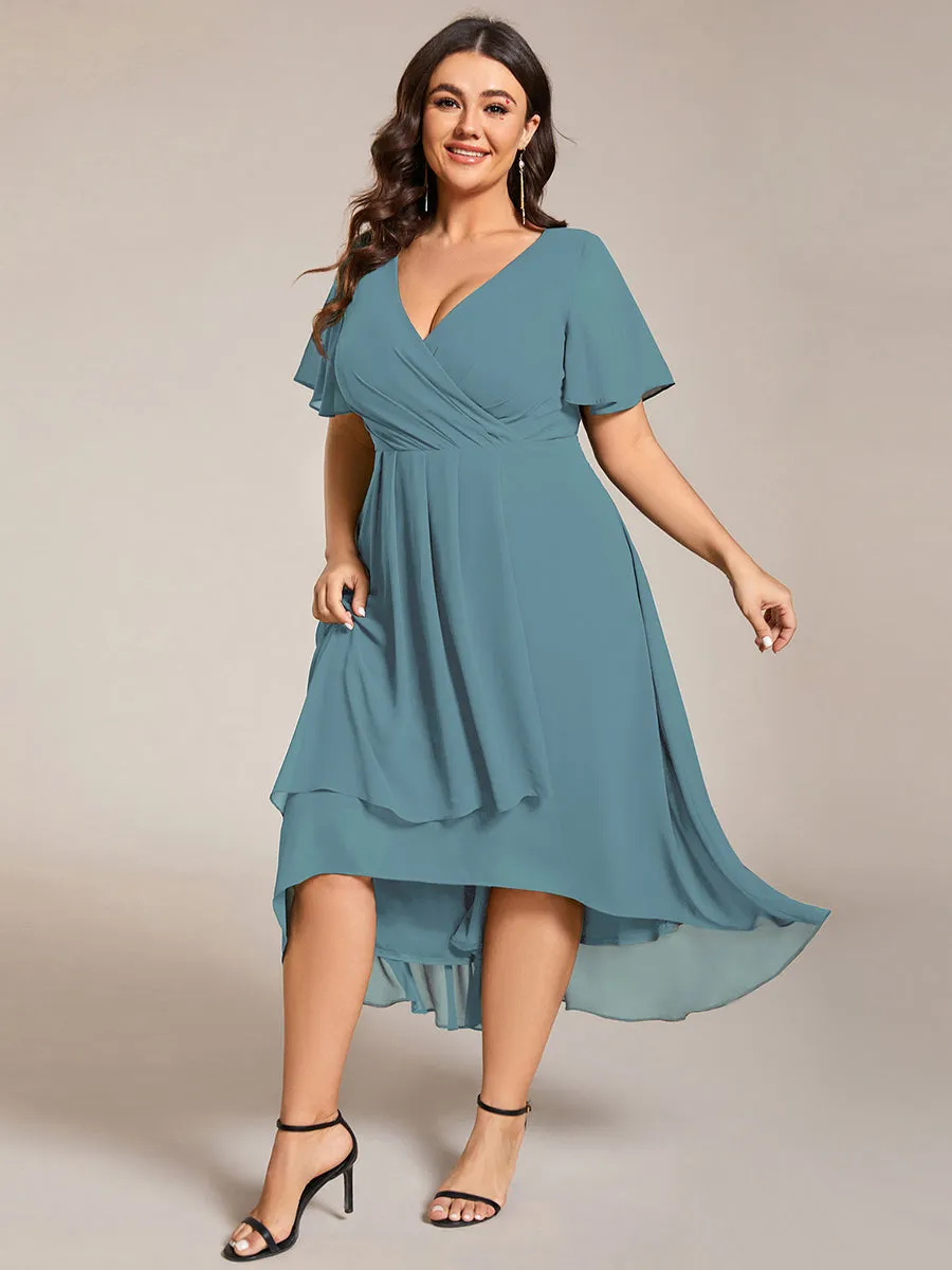 Grande Taille Robe Dinvit De Mariage Mi-Longue Plisse En Mousseline De Soie Manches Courtes Et Col En V De