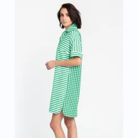 Green & White Striped Short Sleeved Dress