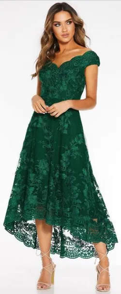 Green Embroidered High Low Dress