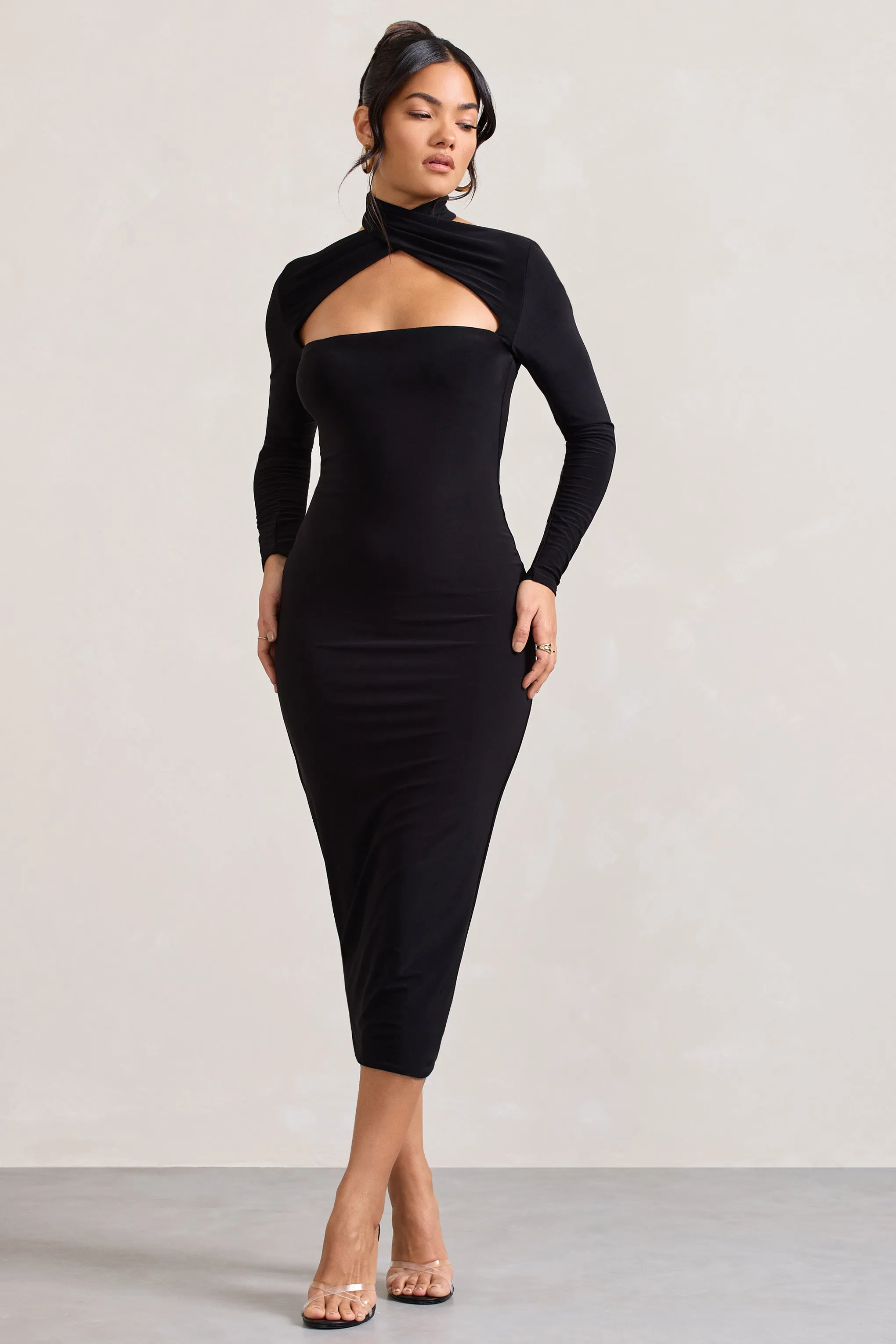 High Hopes | Black Halter-Neck Long-Sleeved Bodycon Midi Dress