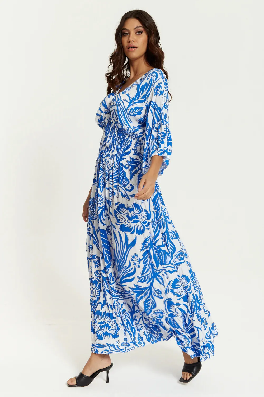 Hoxton Gal Oversized V Neck Detail Floral Print Maxi Dress