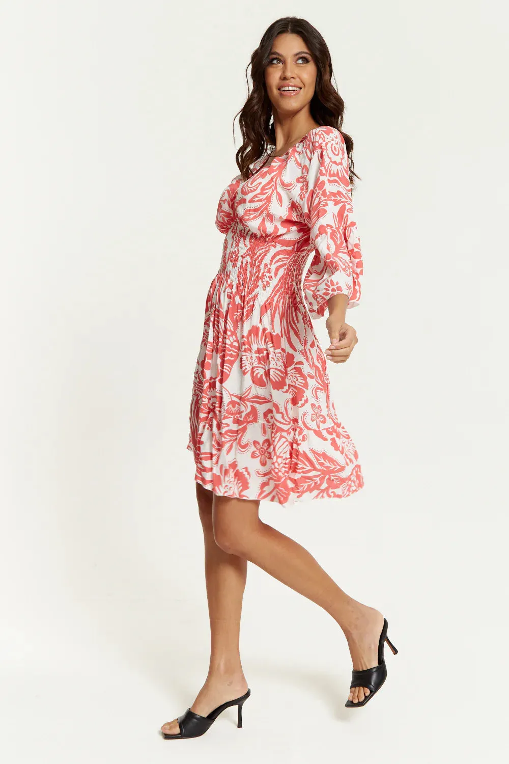 Hoxton Gal Oversized V Neck Detailed Floral Print Mini Dress