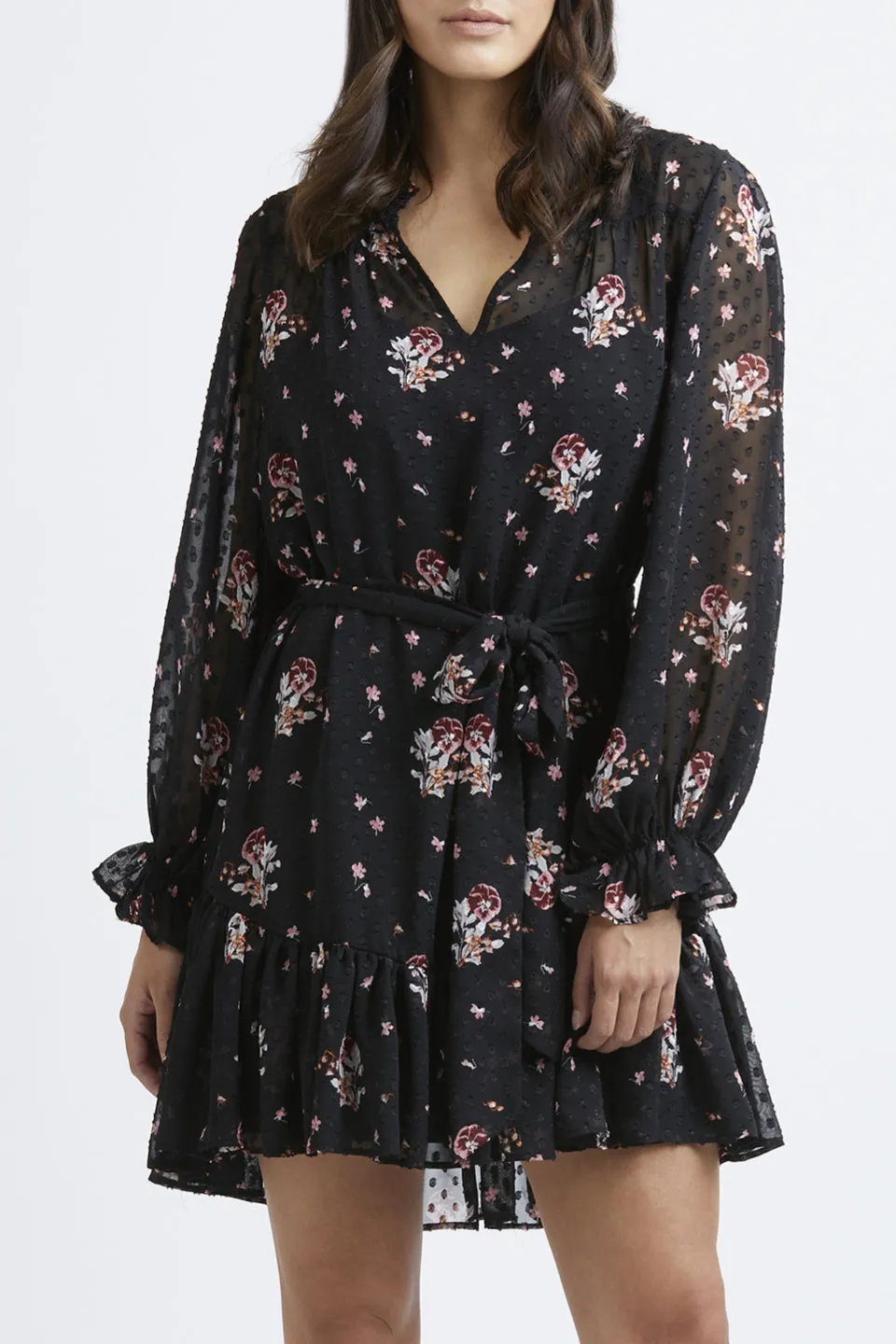 Inspire LS Ruffle Hem Black Dobby Spot Floral Dress