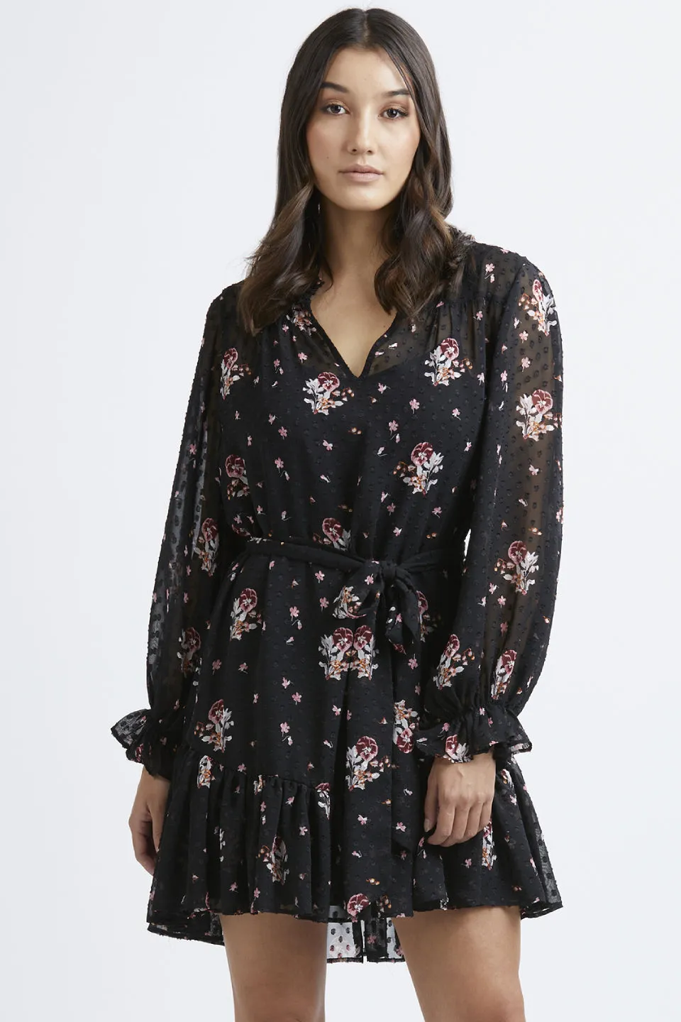 Inspire LS Ruffle Hem Black Dobby Spot Floral Dress