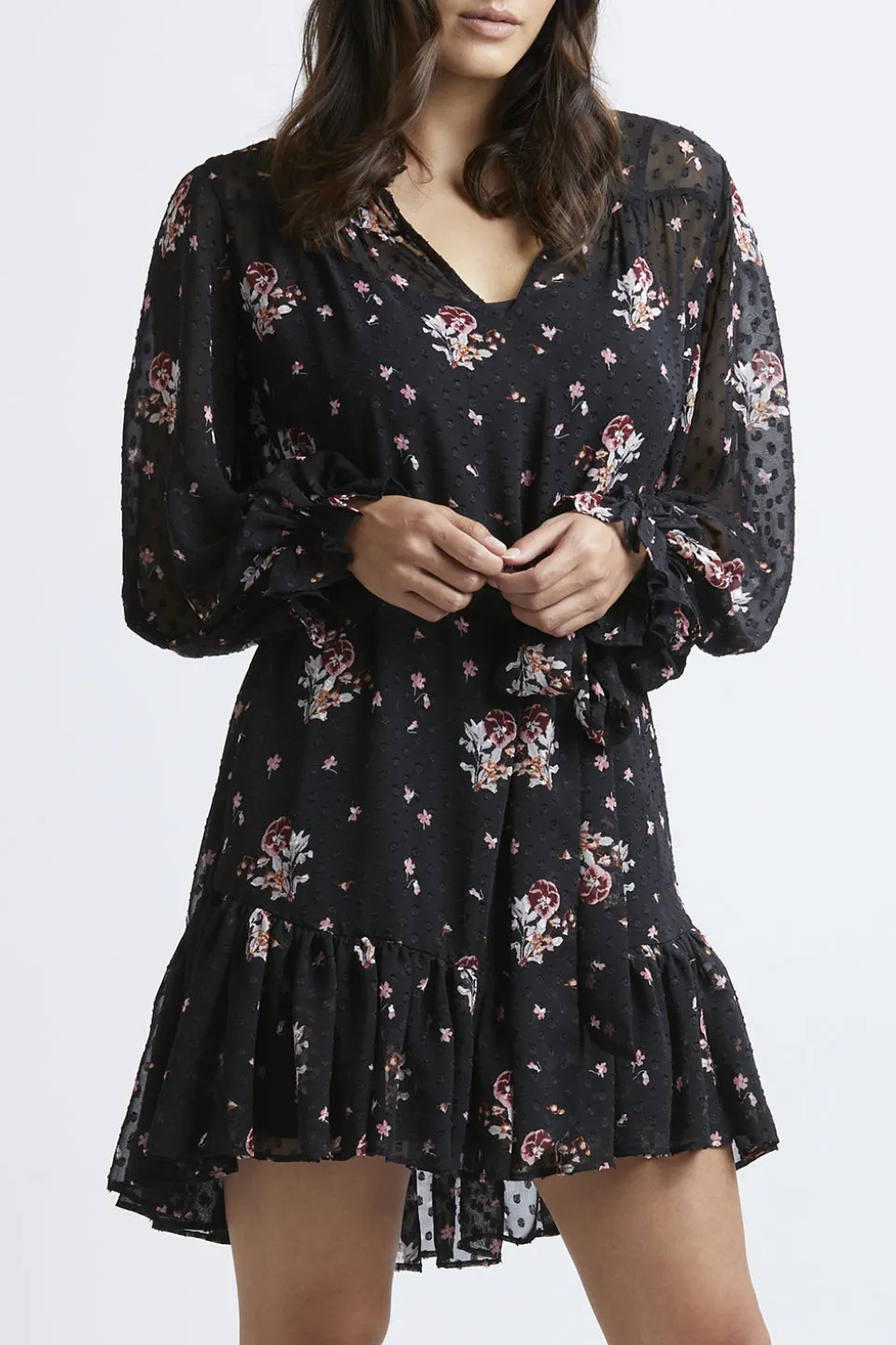 Inspire LS Ruffle Hem Black Dobby Spot Floral Dress