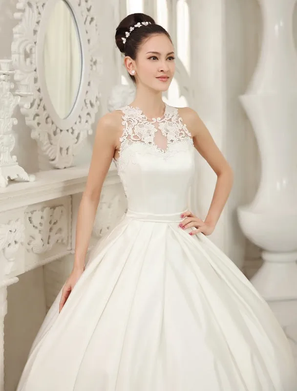 Ivory Ball Gown Jewel Neck Bow Floor-Length Satin Bridal Wedding Gown Exclusive