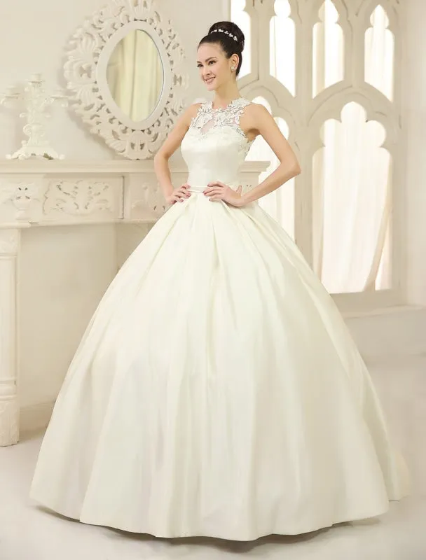 Ivory Ball Gown Jewel Neck Bow Floor-Length Satin Bridal Wedding Gown Exclusive