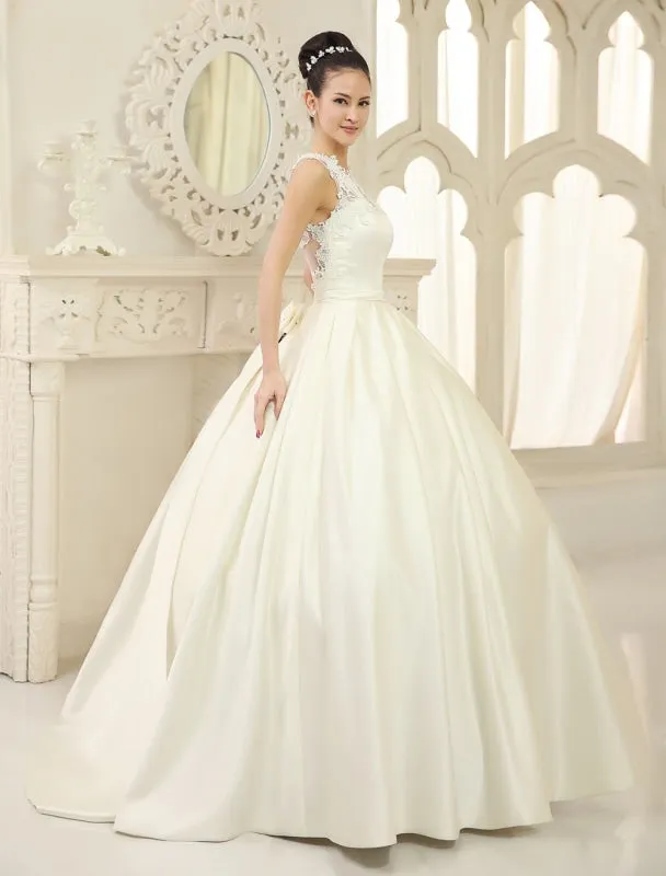 Ivory Ball Gown Jewel Neck Bow Floor-Length Satin Bridal Wedding Gown Exclusive