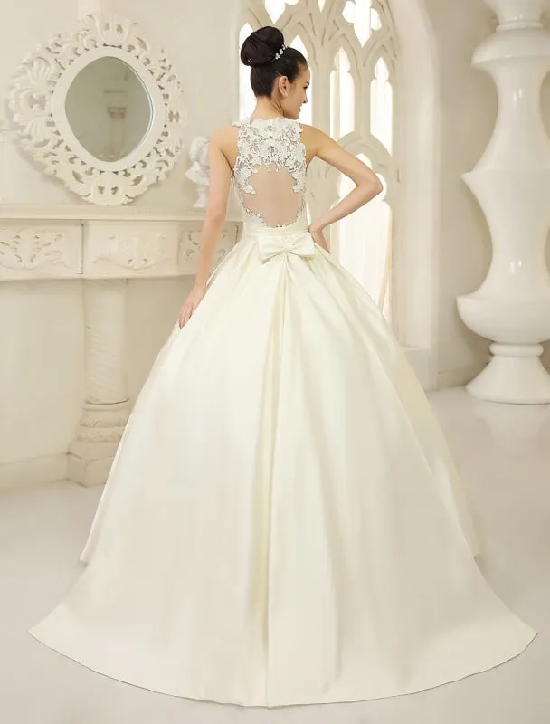 Ivory Ball Gown Jewel Neck Bow Floor-Length Satin Bridal Wedding Gown Exclusive