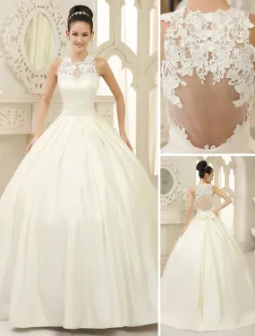 Ivory Ball Gown Jewel Neck Bow Floor-Length Satin Bridal Wedding Gown Exclusive