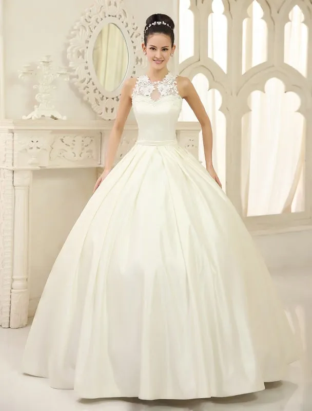 Ivory Ball Gown Jewel Neck Bow Floor-Length Satin Bridal Wedding Gown Exclusive