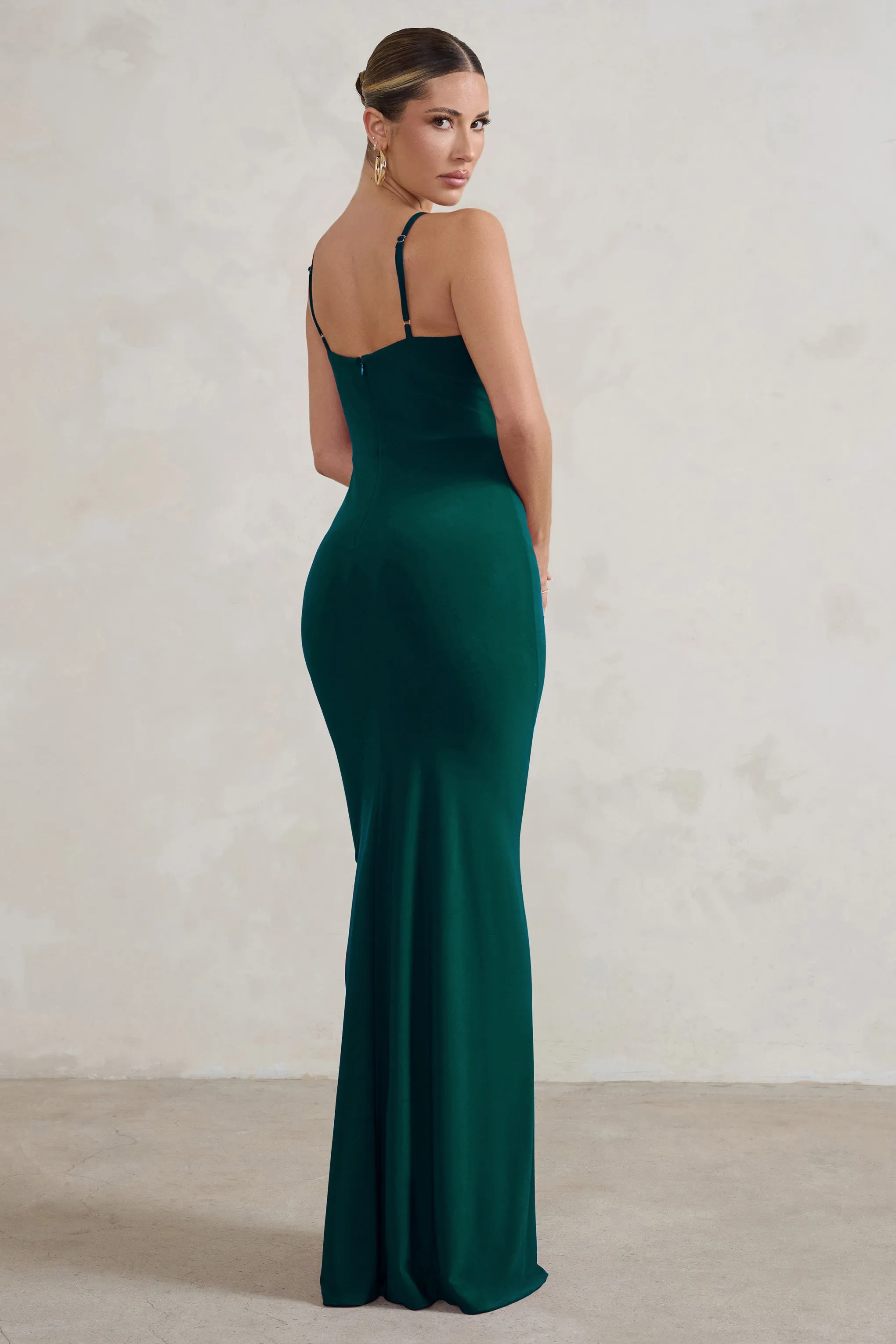 Jeanne | Bottle Green Plunge Ruched Cami Maxi Dress With Split