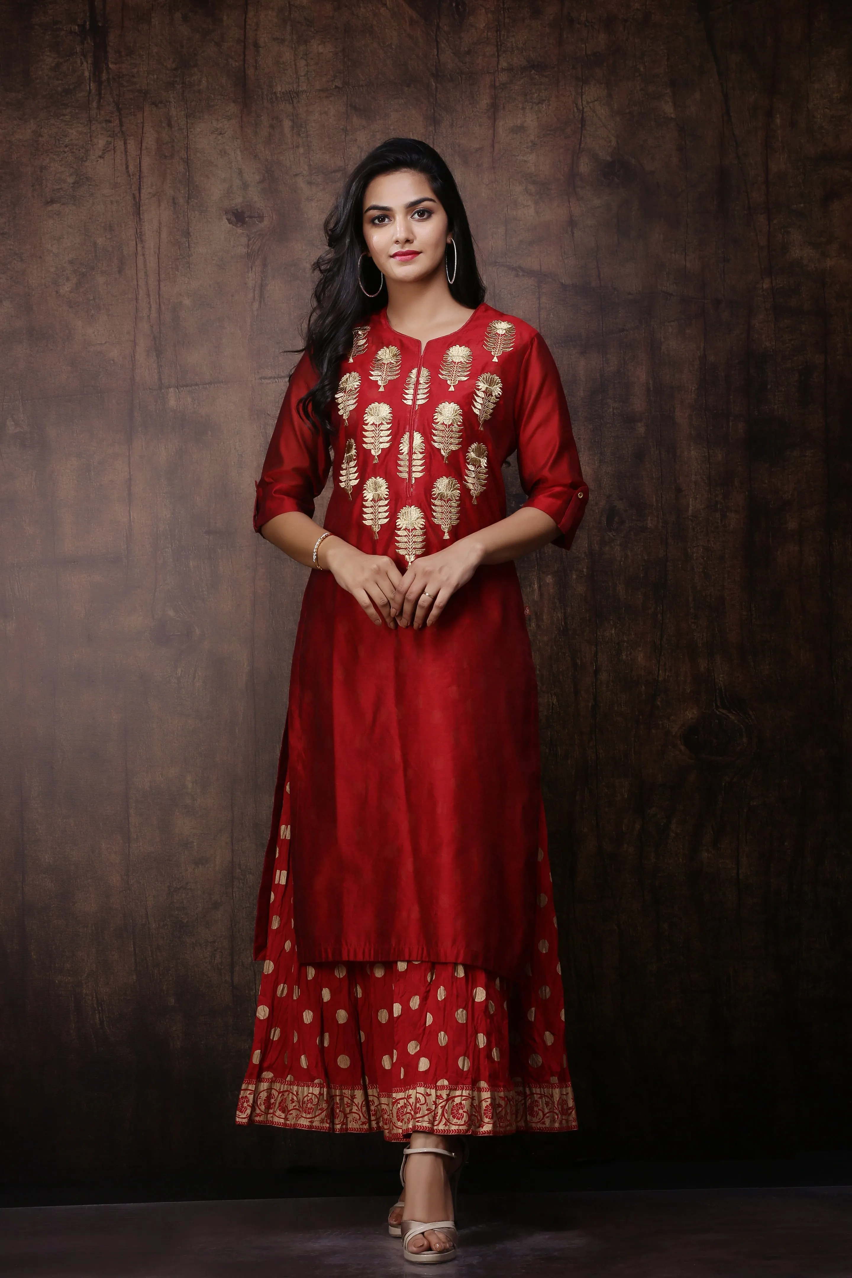 Juniper Maroon Chanderi Ethnic Motif Printed Layered Maxi Dress With Zari Work Embroidery