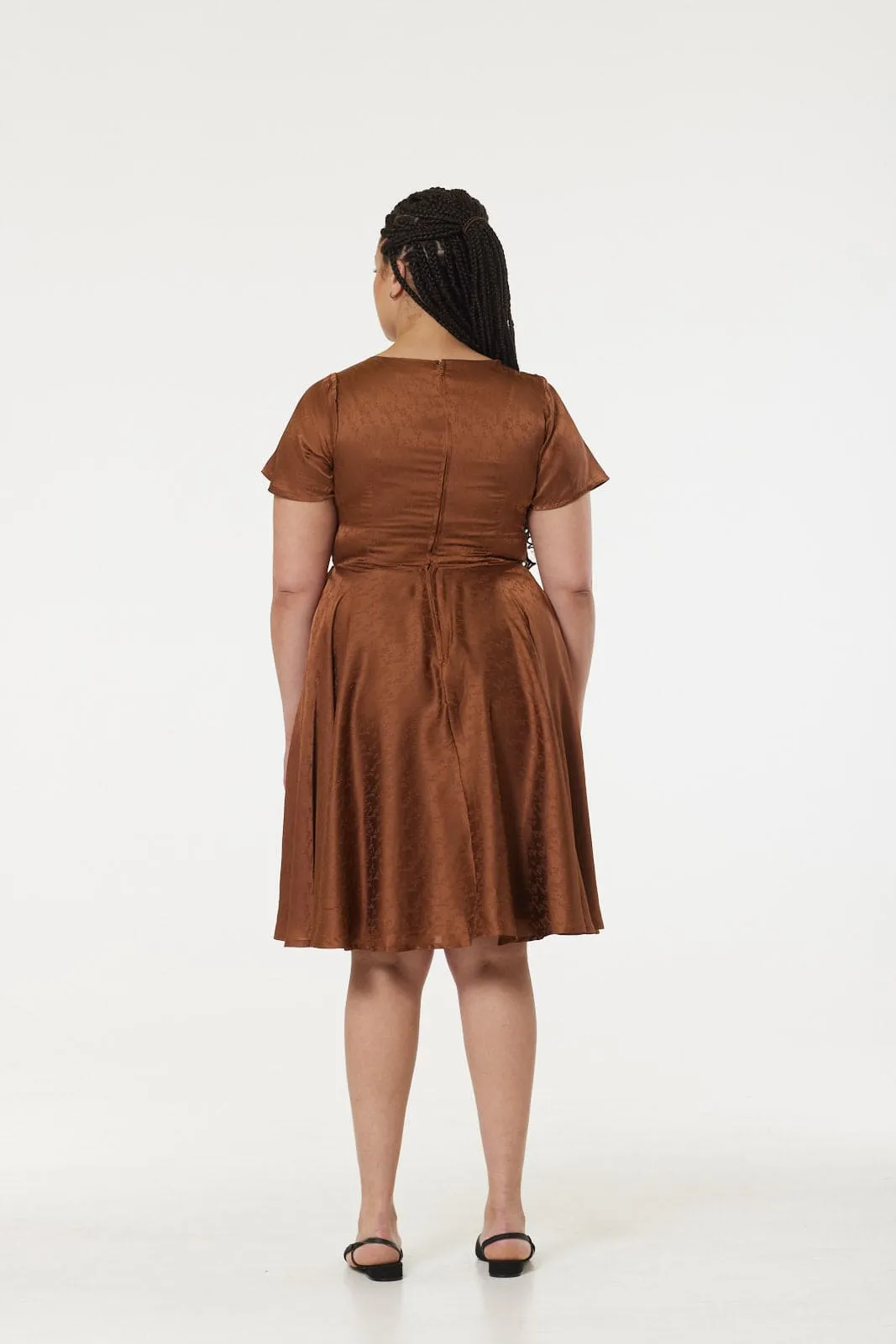 Kaylee Fit and Flare, Midi Swing Brown Dress in Jacquard