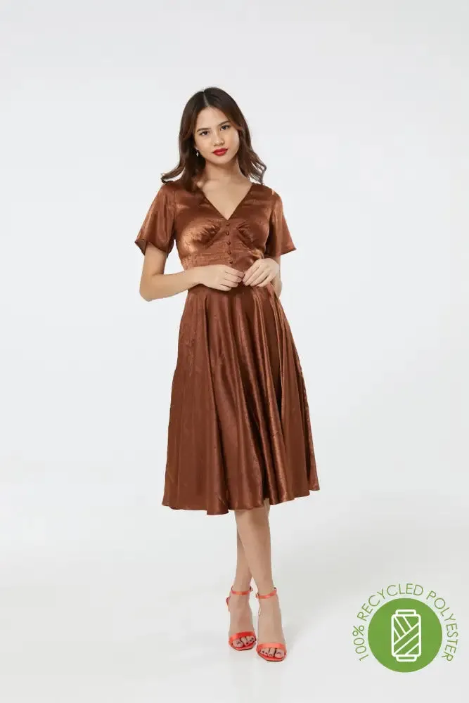 Kaylee Fit and Flare, Midi Swing Brown Dress in Jacquard