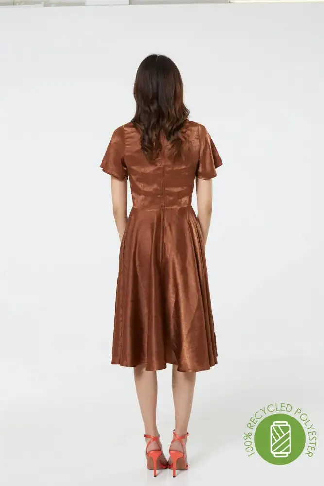 Kaylee Fit and Flare, Midi Swing Brown Dress in Jacquard