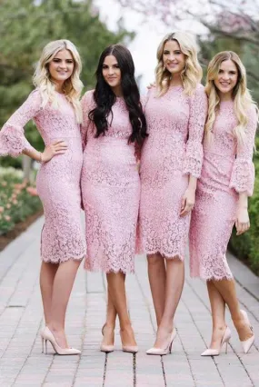 Knee Length Pink Lace Sheath Bridesmaid Dress