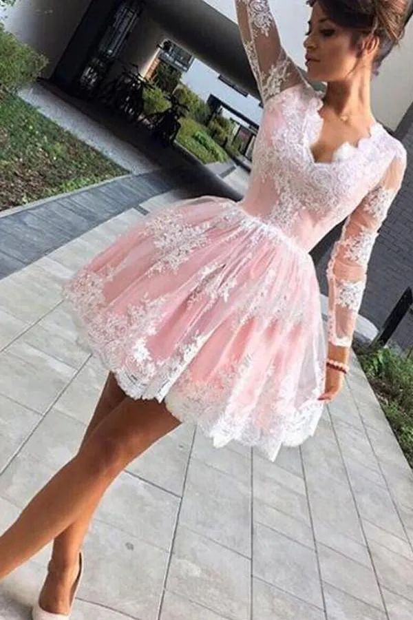 Lace V Neck Homecoming Dress Long Sleeve Homecoming Dress ER125