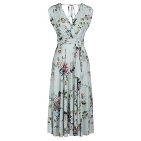 Light Blue Floral V Neck Crossover Top Empire Waist Swing Dress