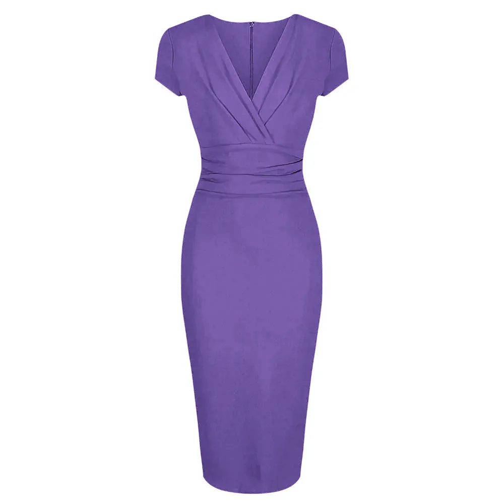 Lilac Deep V Neck Cap Sleeve Ruched Waist Bodycon Wiggle Dress