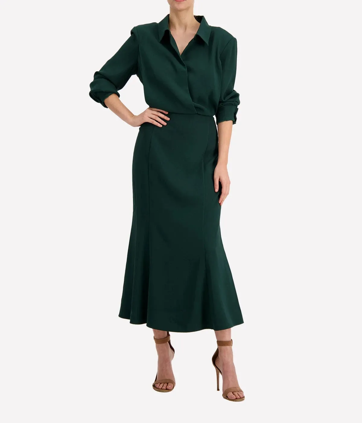 Long Sleeve Collar Midi Dress in Green