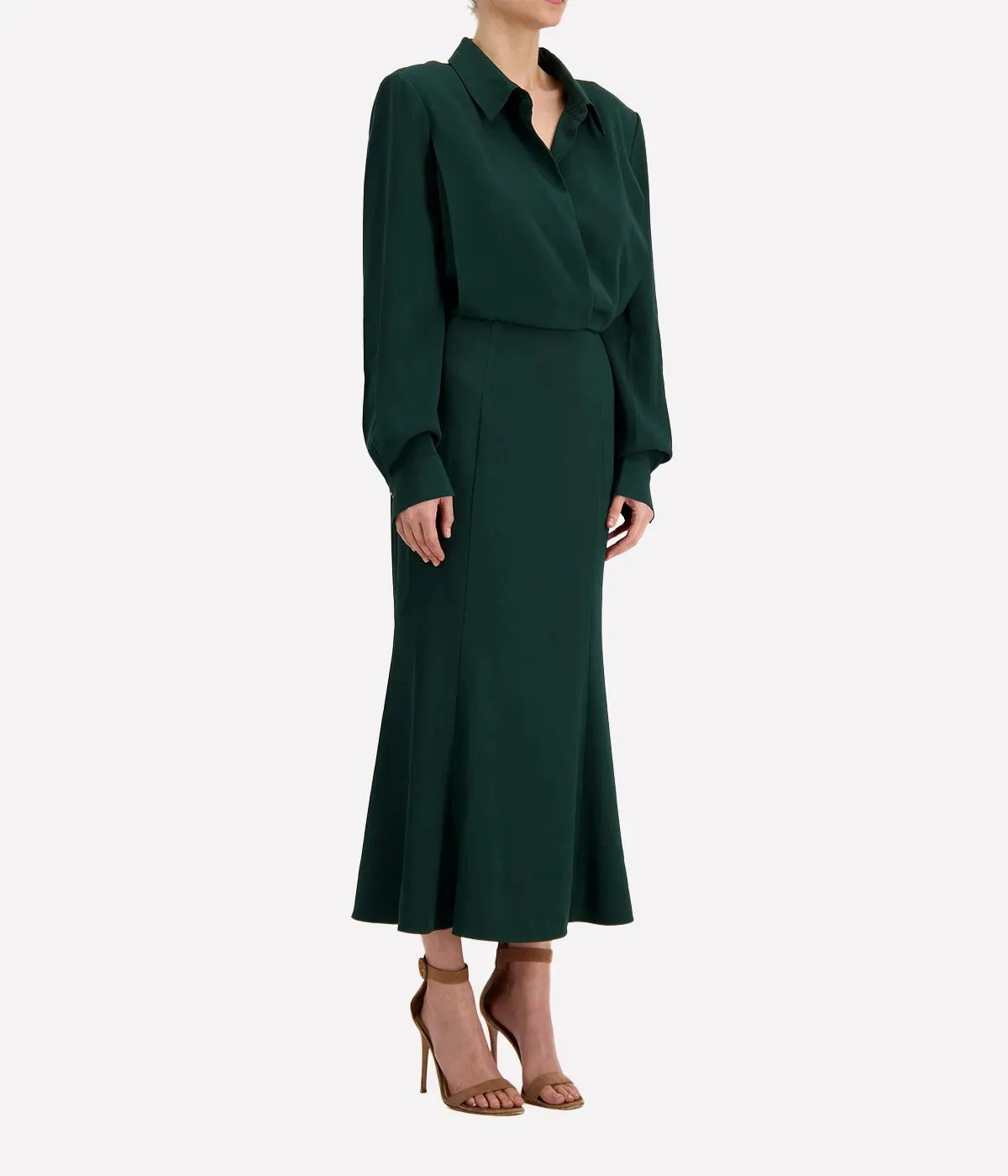 Long Sleeve Collar Midi Dress in Green