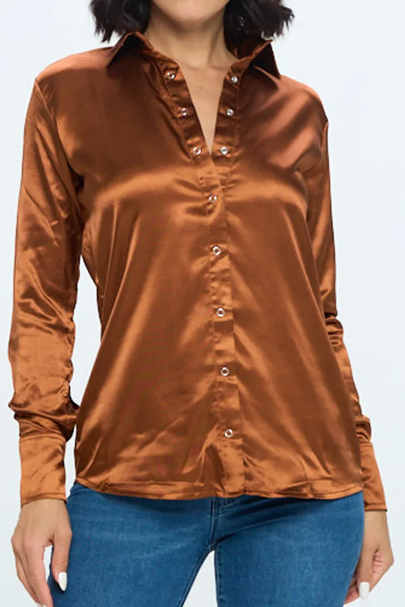 Long Sleeve Press Button Satin Shirt