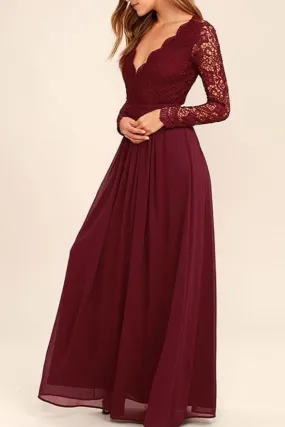 Long Sleeves V-Neck Lace Chiffon Open Back Floor-Length A-Line Burgundy Bridesmaid Dress