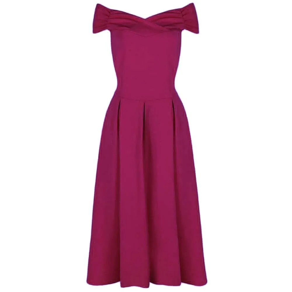 Magenta Crossover Bardot 50s Swing Dress