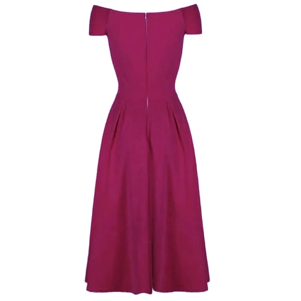 Magenta Crossover Bardot 50s Swing Dress