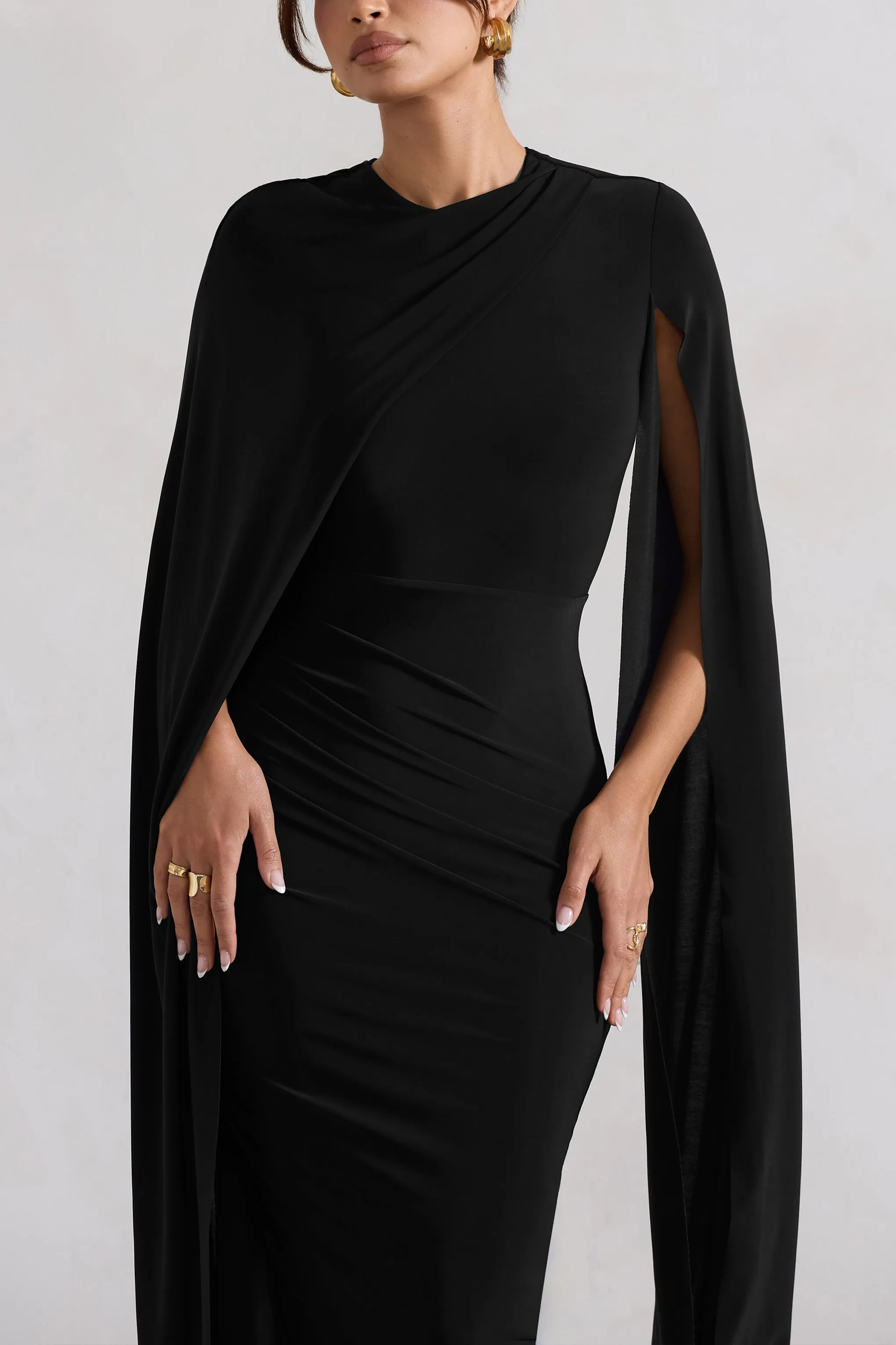 Marysol | Black Asymmetric Cape Midi Dress