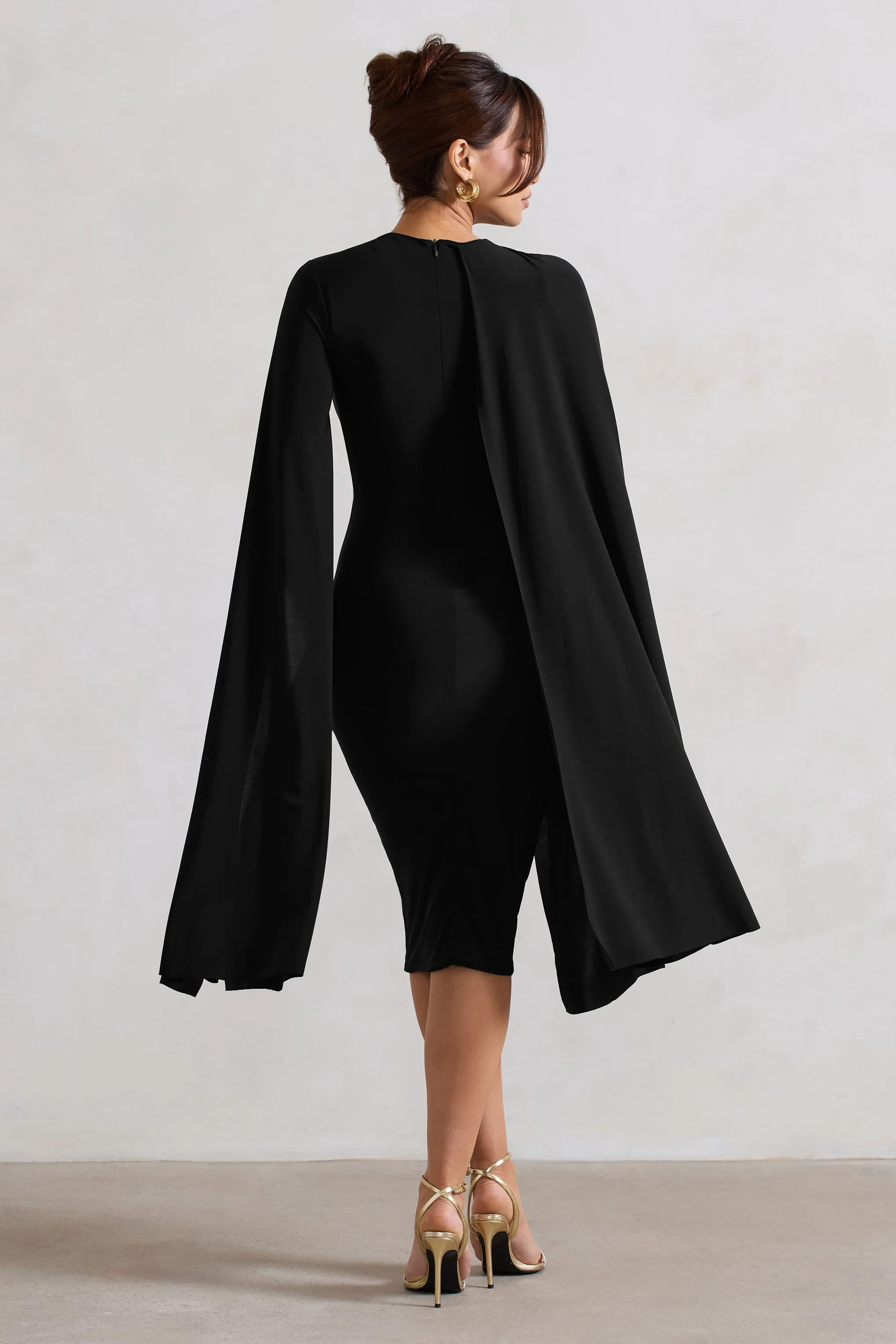 Marysol | Black Asymmetric Cape Midi Dress