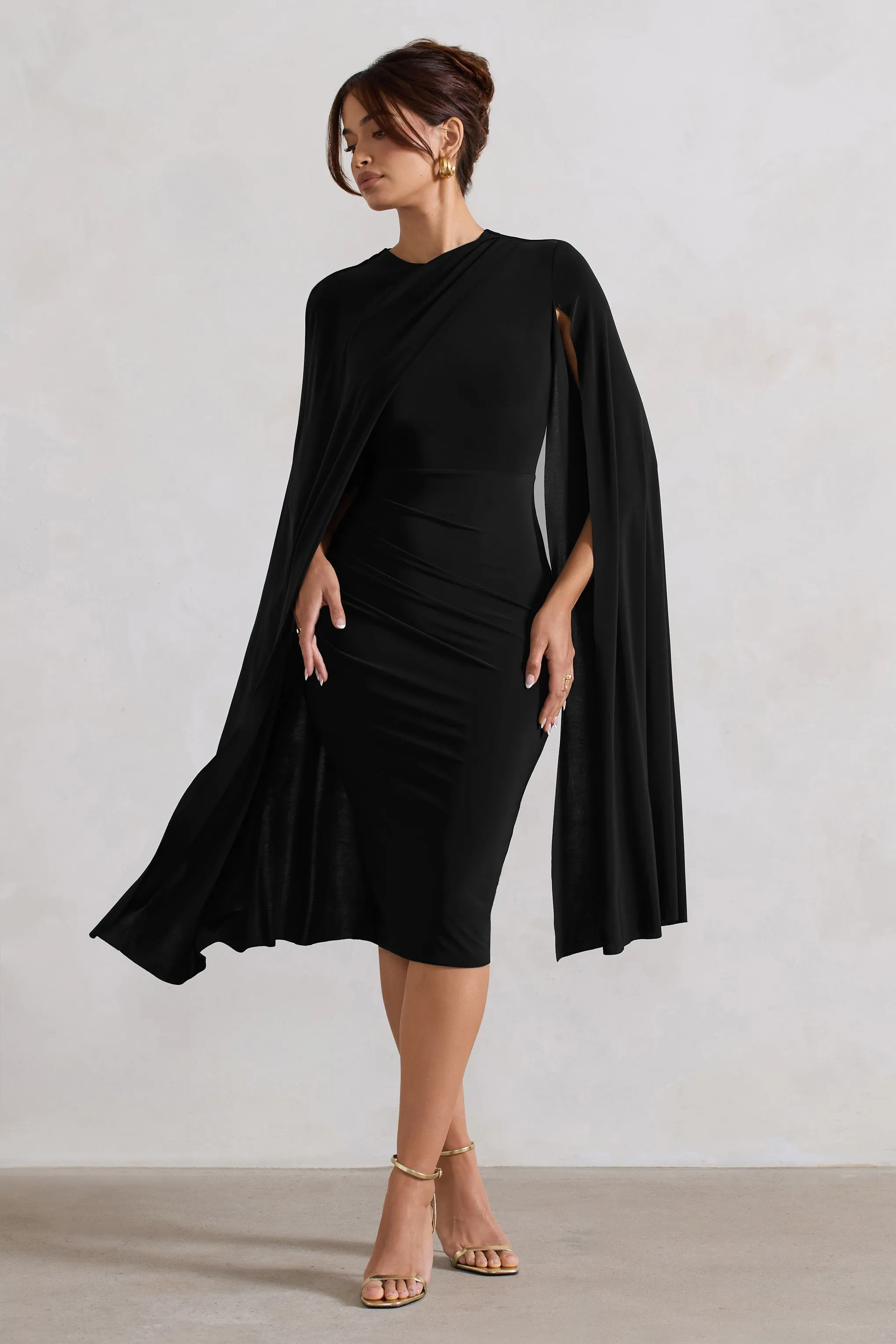 Marysol | Black Asymmetric Cape Midi Dress