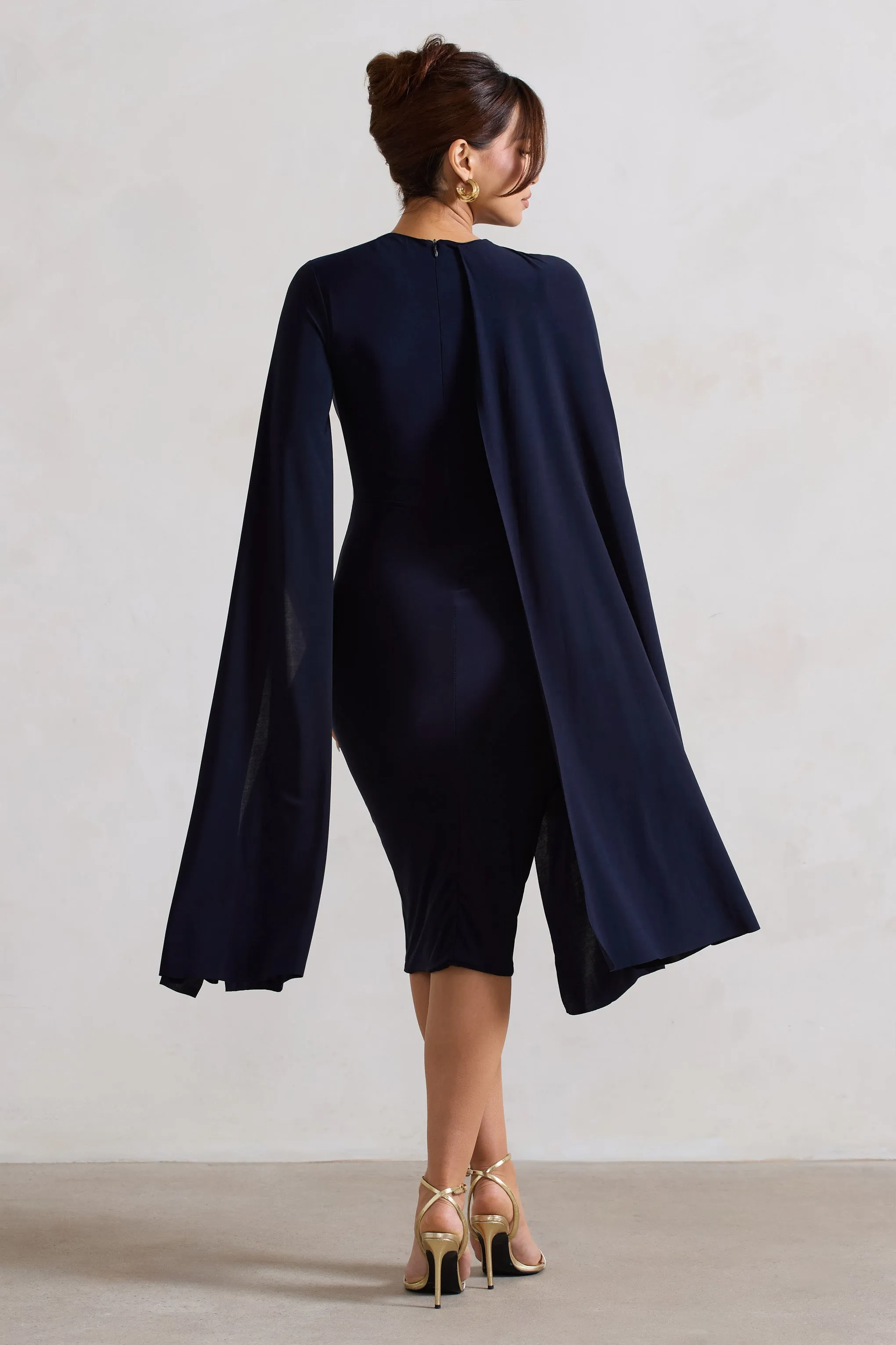 Marysol | Navy Asymmetric Cape Midi Dress