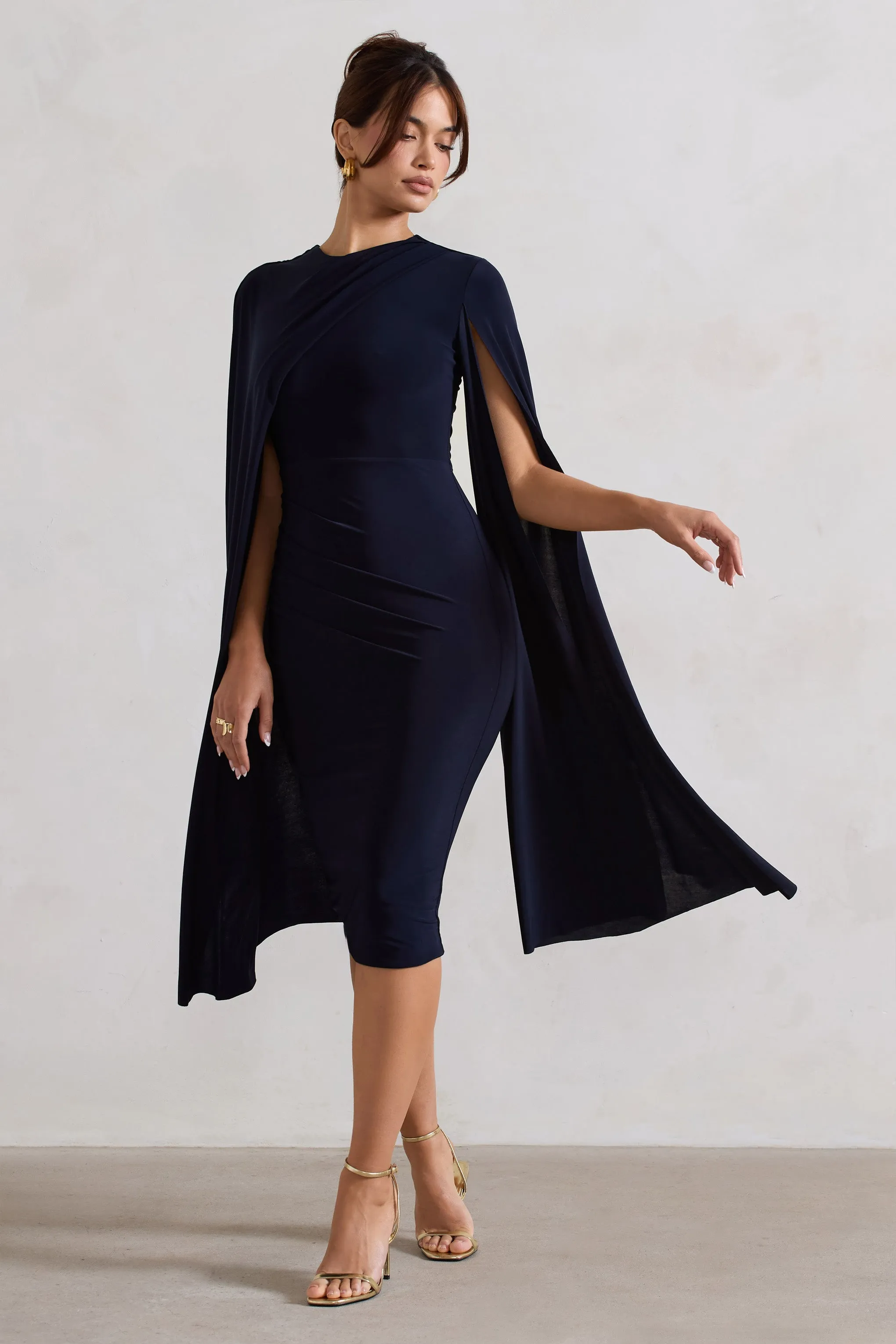 Marysol | Navy Asymmetric Cape Midi Dress