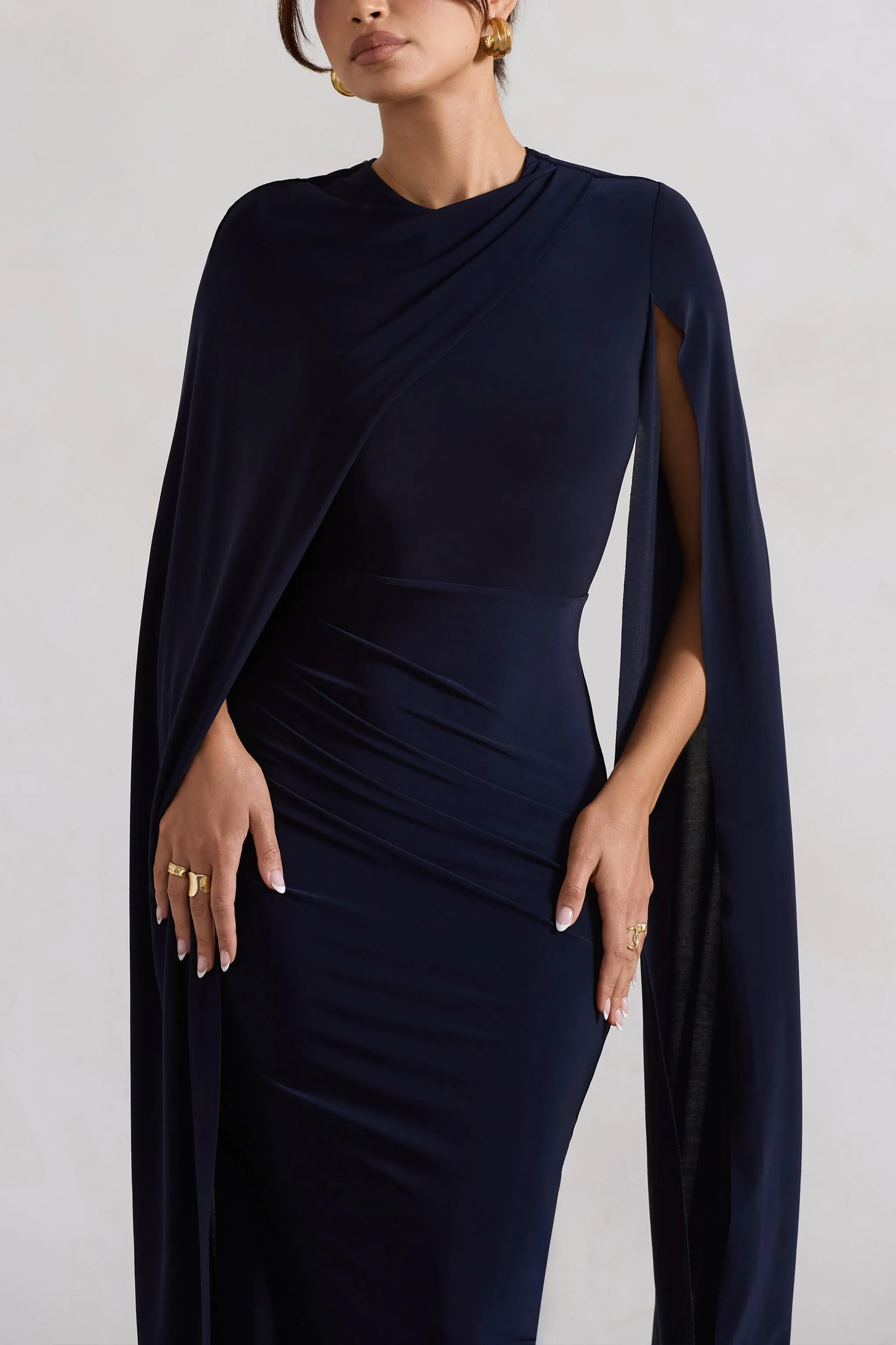 Marysol | Navy Asymmetric Cape Midi Dress