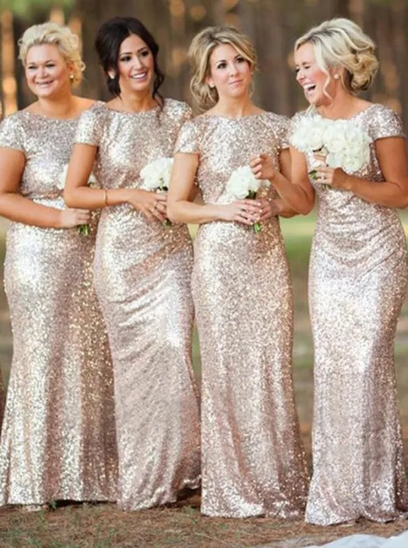 Mermaid Cap Sleeves Champagne Sequined Bridesmaid Dress