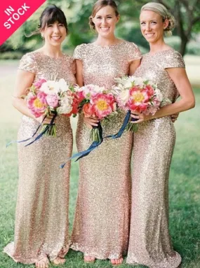 Mermaid Cap Sleeves Champagne Sequined Bridesmaid Dress