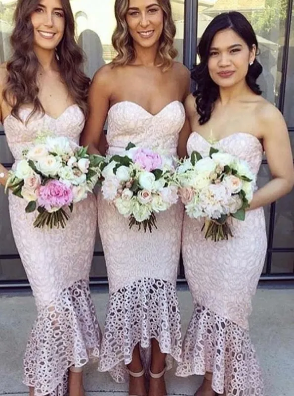 Mermaid Sweetheart High-Low Pink Lace Bridesmaid Dress