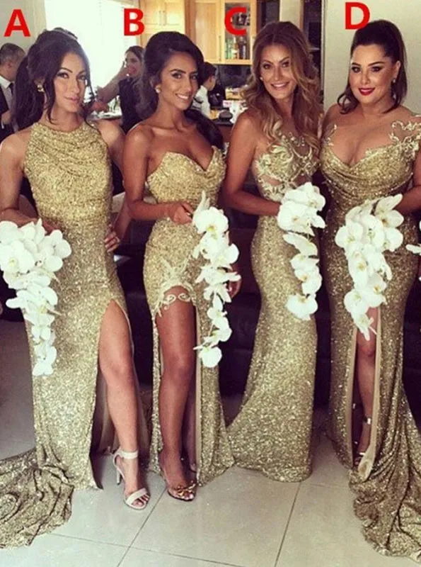 Mermaid Sweetheart Split-Side Gold Sequined Bridesmaid Dress