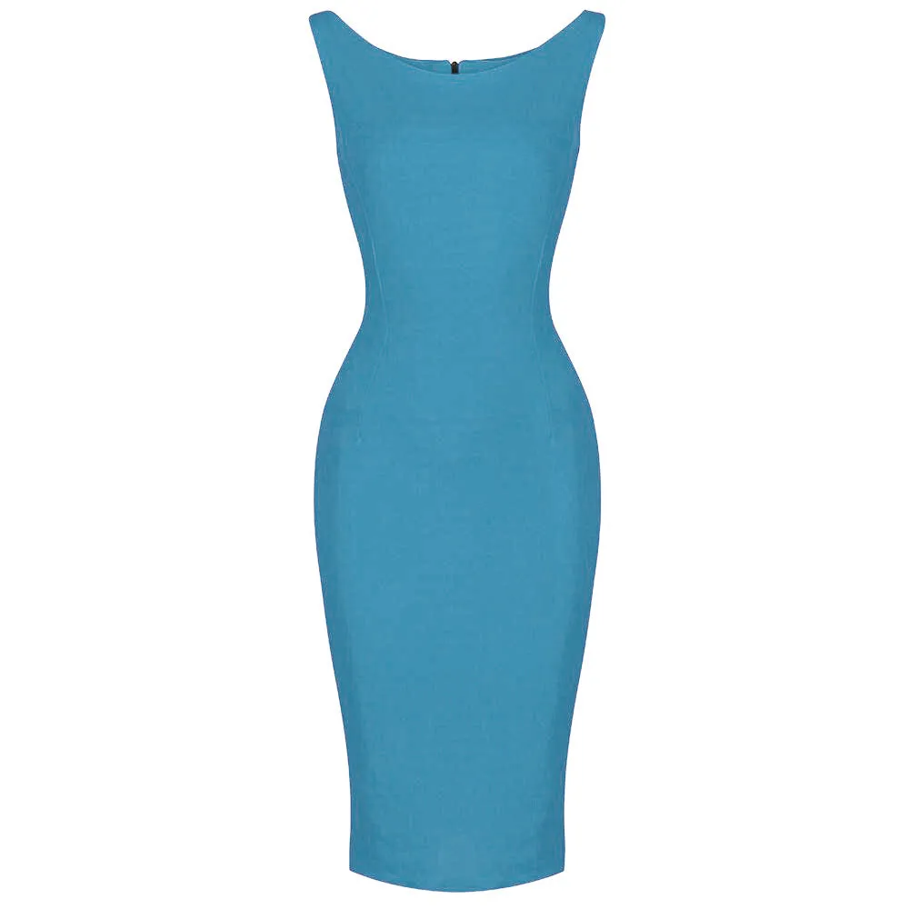 Mid Blue 40s Bodycon Sleeveless Hollywood Wiggle Dress