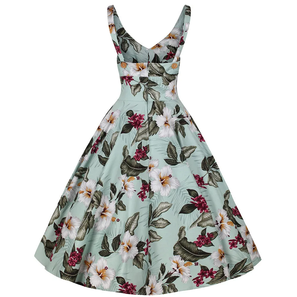 Mint Green Retro Vintage Floral Print Summer 50s Swing Dress