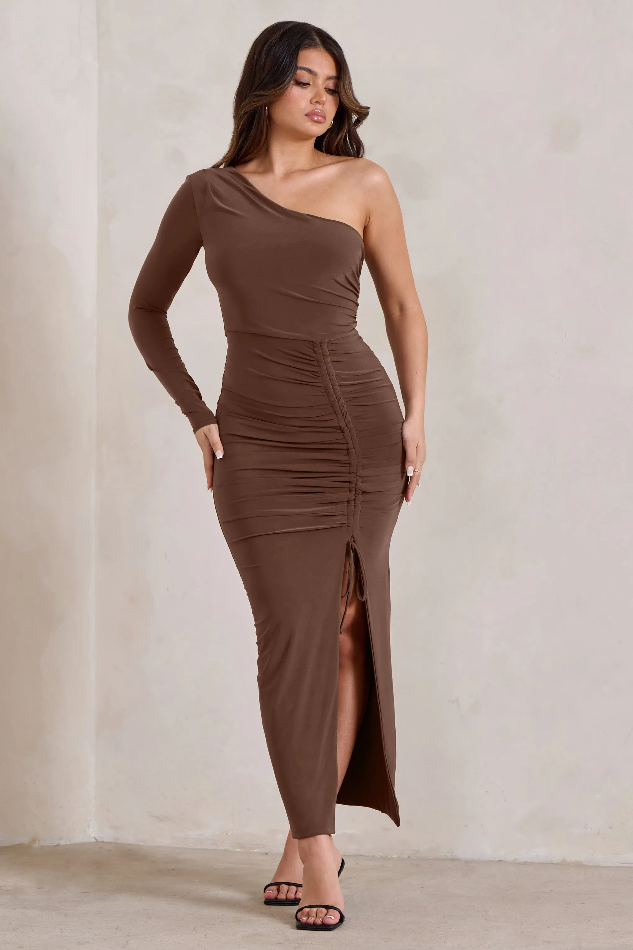 Mystical | Chocolate Brown One Shoulder Maxi Dress With Side Split