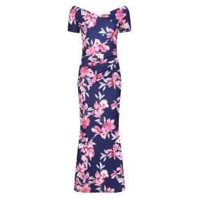 Navy Blue & Pink Floral Maxi Dress w/ Peplum Hem & Cap Sleeves