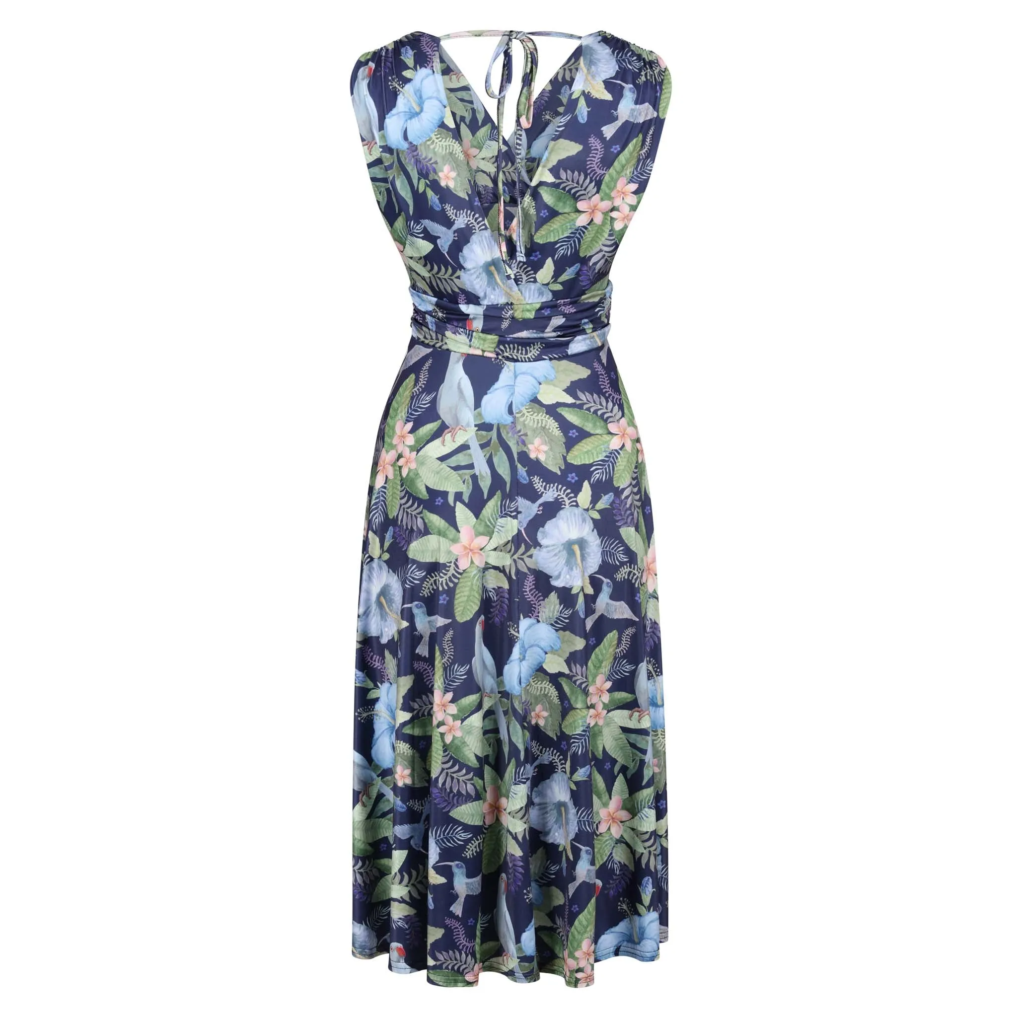 Navy Blue Bird Tropical V Neck Crossover Top Empire Waist Swing Dress