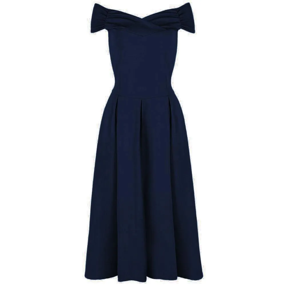 Navy Blue Crossover Vintage Bardot 50s Swing Dress