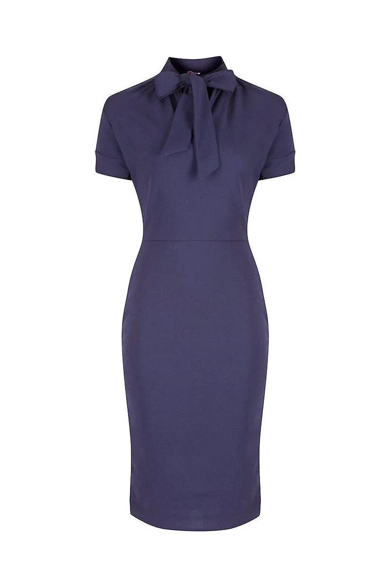 Navy Blue Puff Sleeve Tie Bodycon Pencil Dress